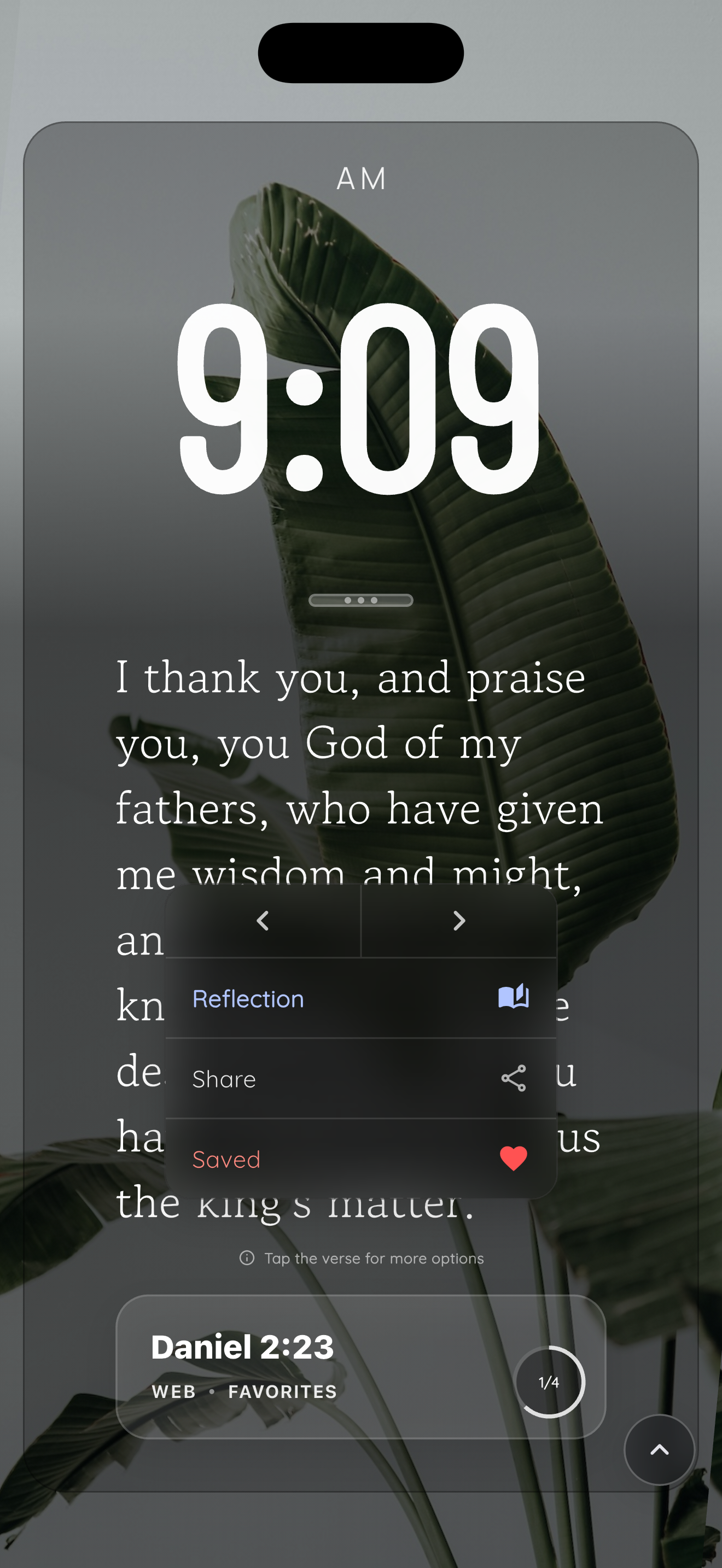 Bible Clock 2.14.3 Home verse options overlay showing Reflection, Share, Saved, and previous or next navigation