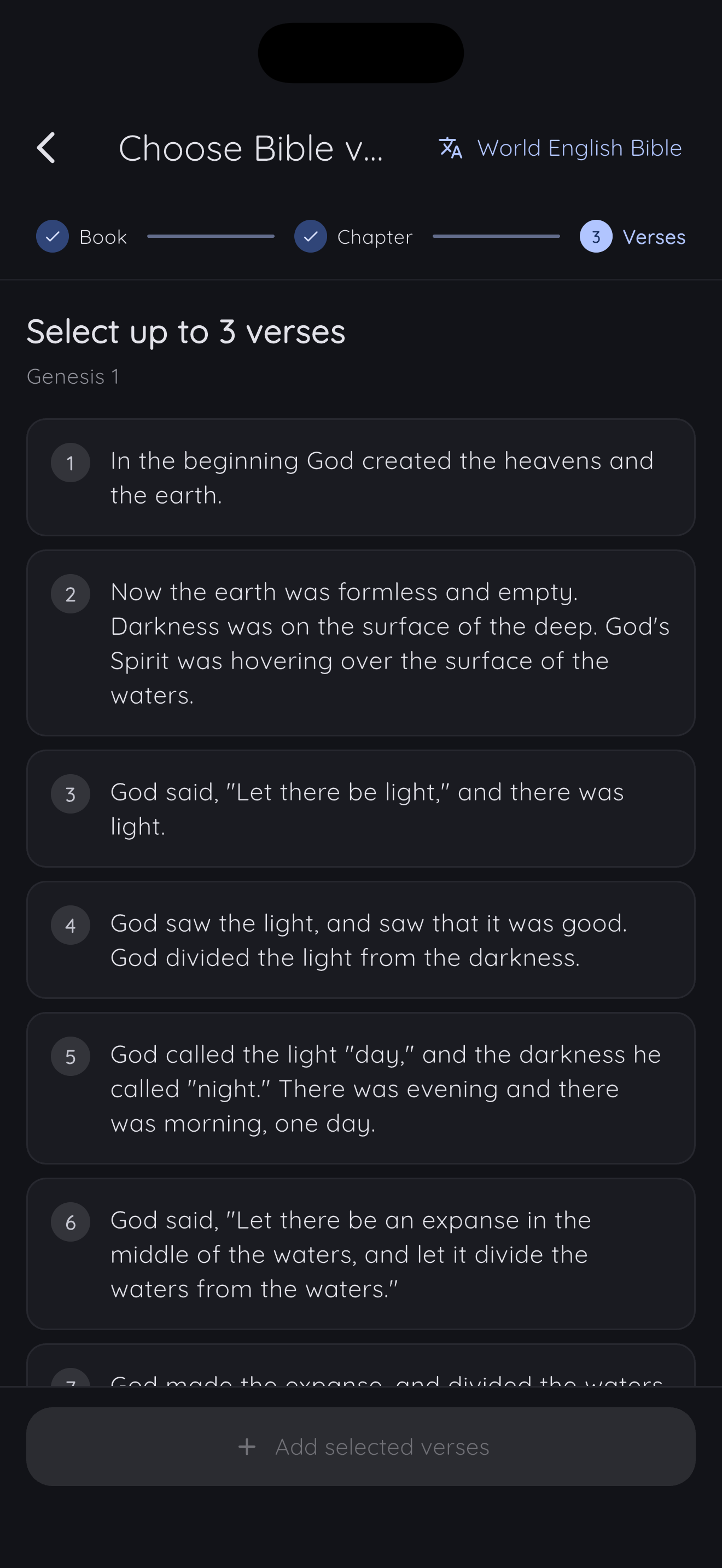 Bible Clock 2.14.3 verse picker showing Genesis 1 with selectable verse cards and an add selected verses button