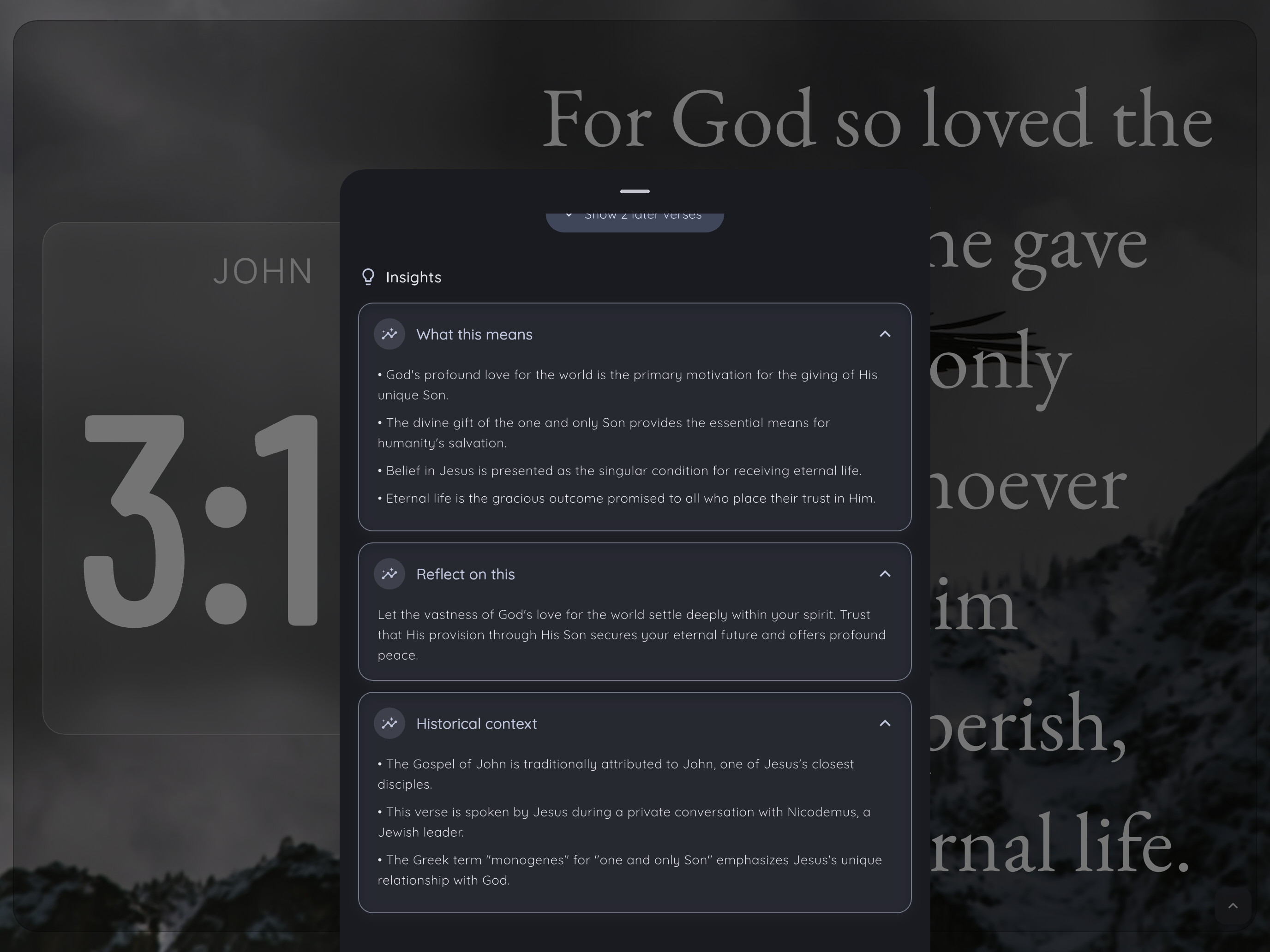 Bible Clock 2.9.0 screenshot showing deeper insights and saved reflection experience