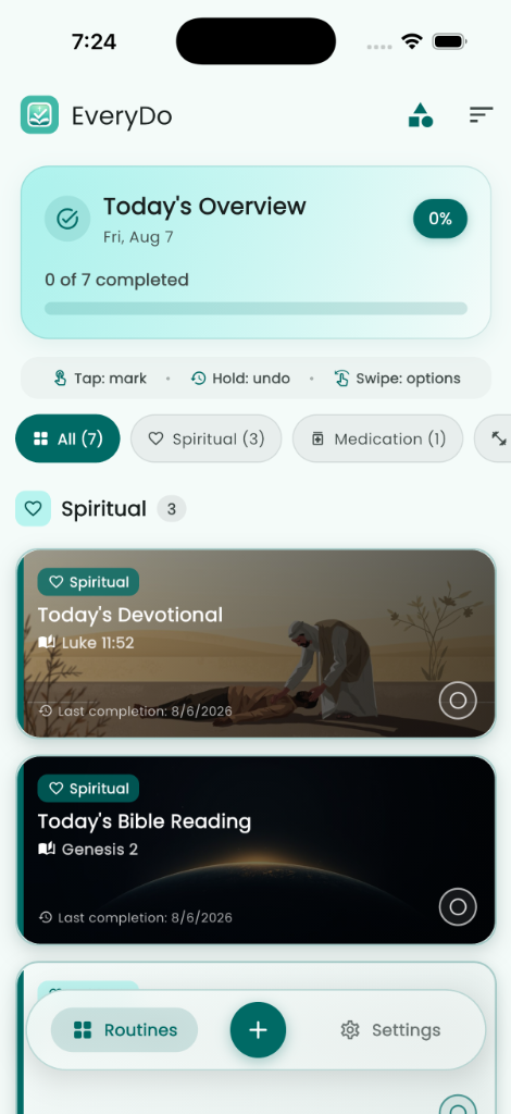 EveryDo home screen showing the daily Christian overview and routines